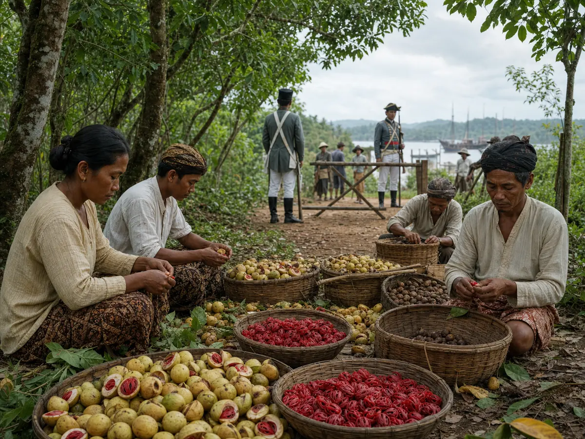 Bandanese growers sorting nutmeg and red mace in an inhabited grove near a guarded harbor checkpoint