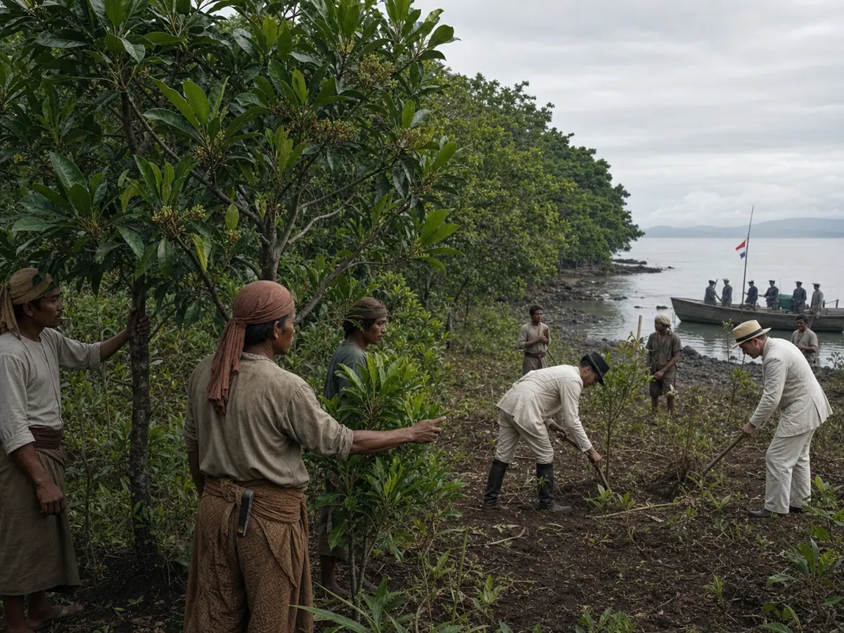 Maluku growers beside mature clove trees while company agents remove young trees near a patrol boat