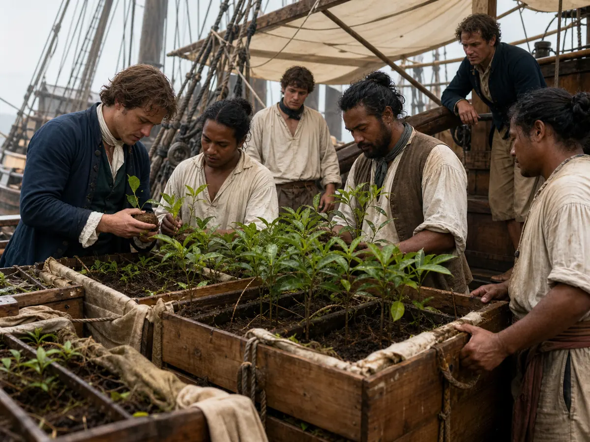Eighteenth-century workers packing living nutmeg seedlings in soil aboard a wooden ship