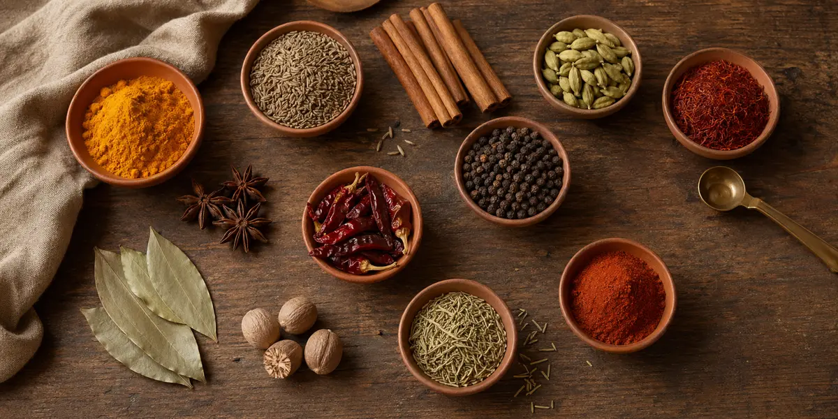 Assorted whole spices and herbs arranged on a warm linen surface