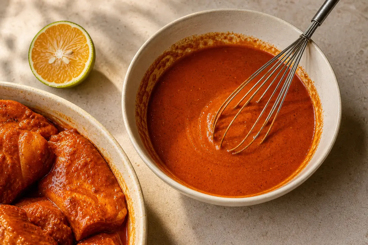 Achiote paste whisked with citrus and oil into a smooth orange-red marinade coating pork - achiote paste technique | KnowTheSpices