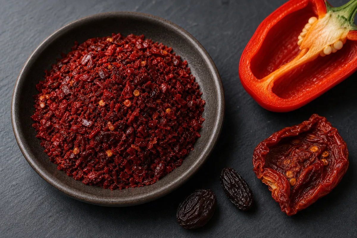 Coarse burgundy Aleppo pepper flakes beside tomato, raisin, and red pepper flavor cues - Aleppo pepper flavor | KnowTheSpices