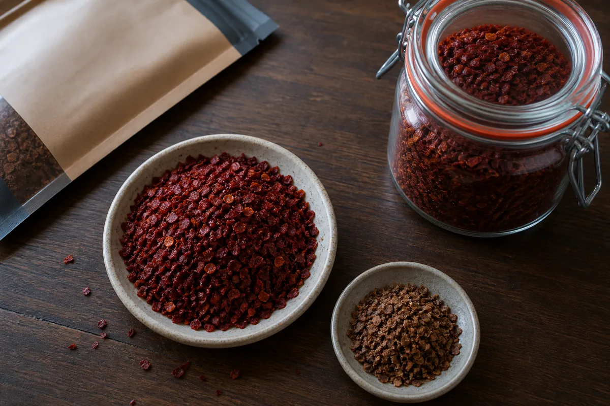 Vivid Aleppo pepper flakes beside an airtight jar and a generic ingredient panel with no readable text - Aleppo pepper freshness | KnowTheSpices