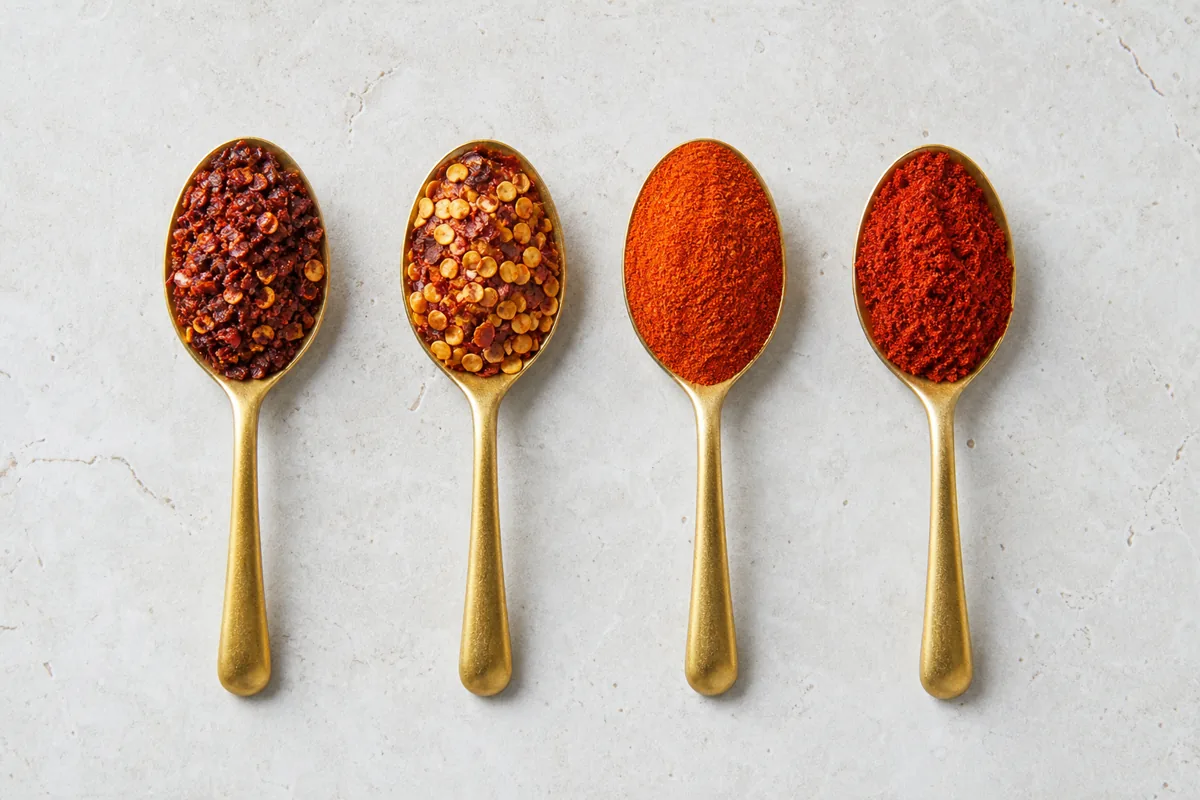 Equal small spoons of Aleppo pepper, red pepper flakes, cayenne, and sweet paprika - chile heat comparison | KnowTheSpices
