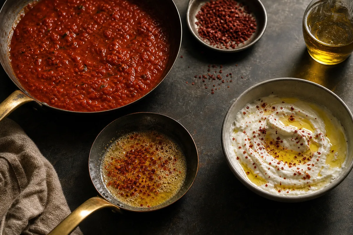 Aleppo pepper used in tomato sauce, warm butter, and as a visible finish on yogurt - Aleppo pepper timing | KnowTheSpices