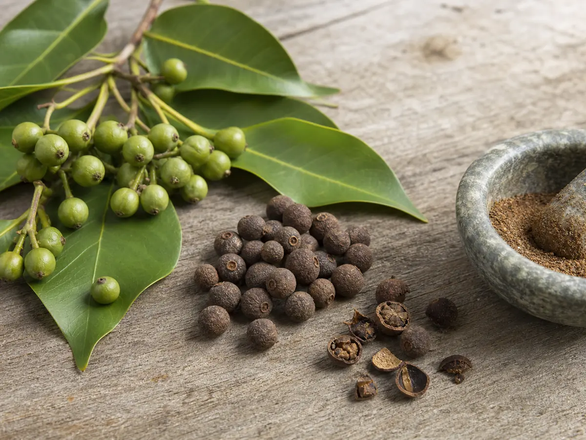 Fresh green allspice berries on Pimenta dioica leaves beside dried, cracked, and ground allspice