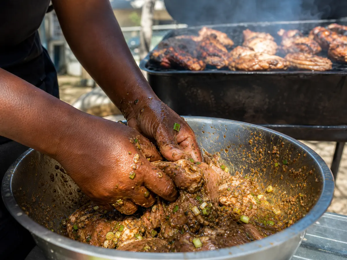 Hands mixing crushed allspice, scallion, thyme, chile, garlic, and citrus into jerk marinade beside a smoky grill