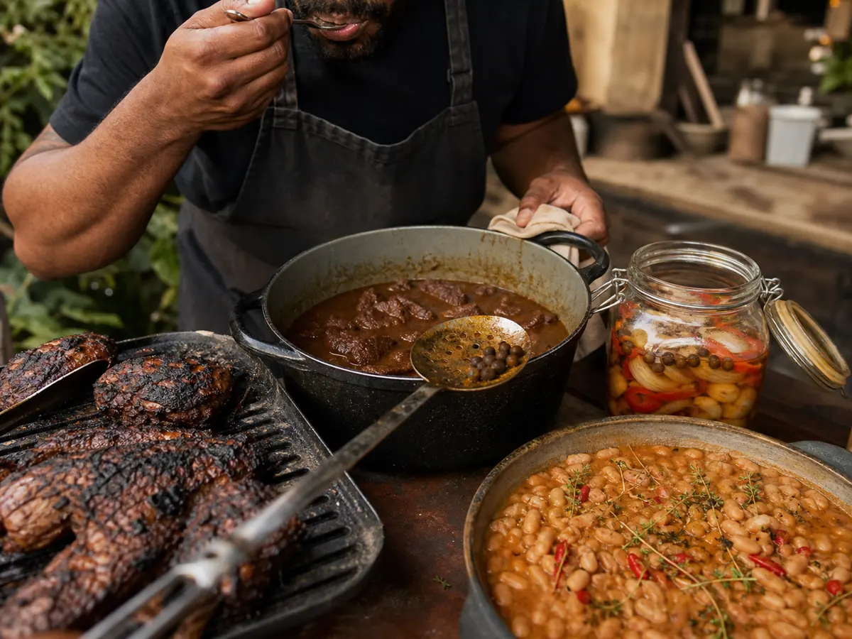 Cook tasting beef braise beside jerk from the grill, pickling brine, and thyme chile beans seasoned with allspice