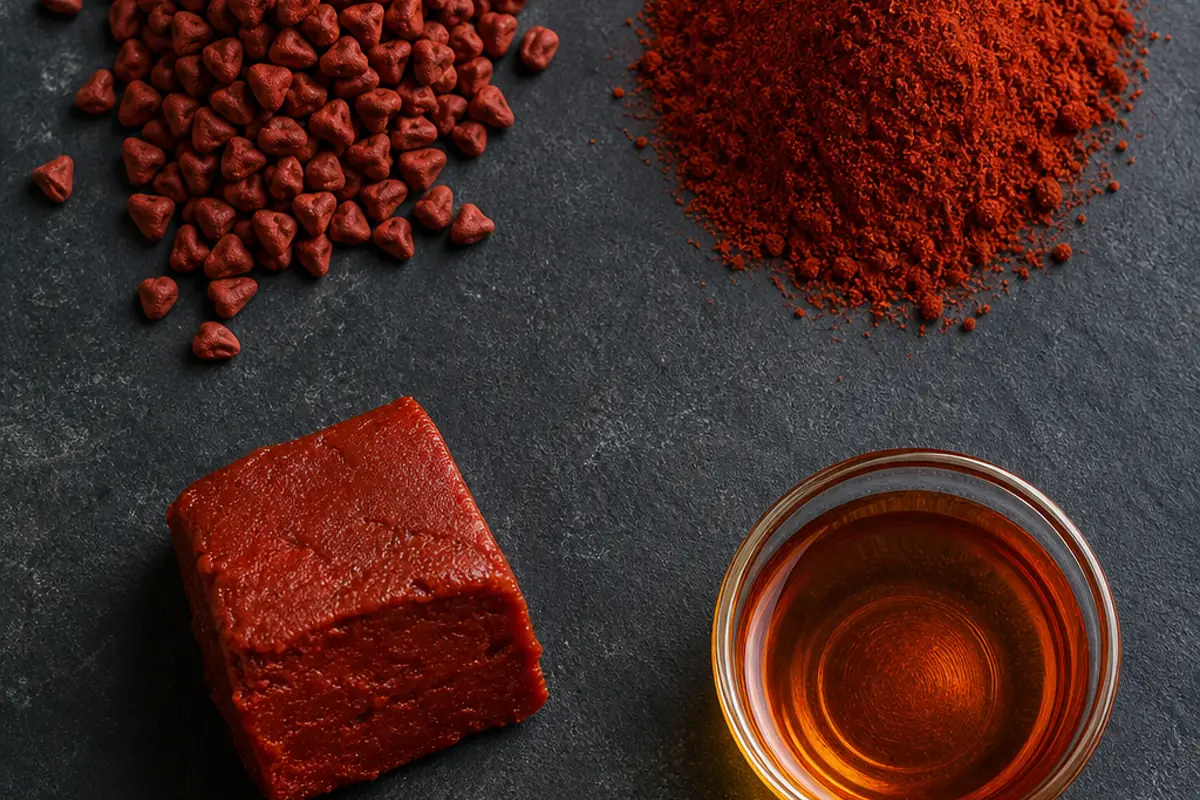 Whole annatto seeds, ground annatto, achiote paste, and orange annatto oil arranged beside labeled cooking cues - annatto forms | KnowTheSpices