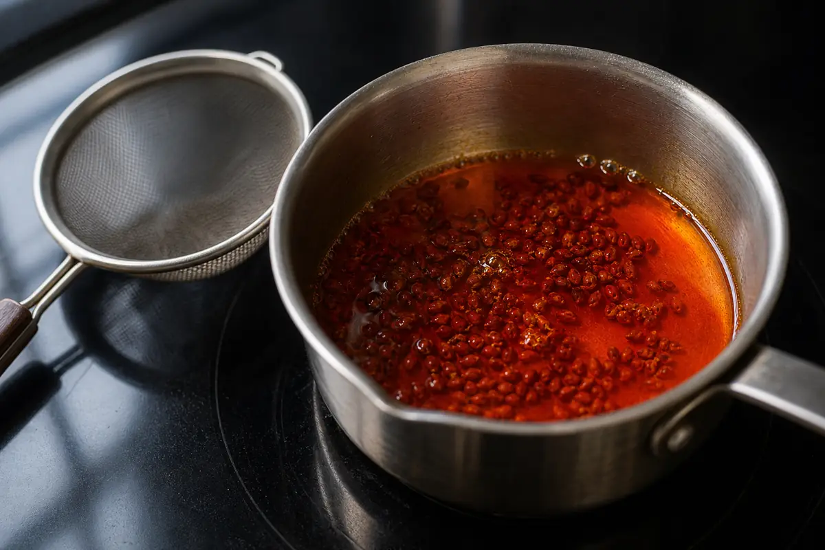 Small pan of vivid orange-red annatto oil with red-brown seeds before scorching - annatto oil color cue | KnowTheSpices