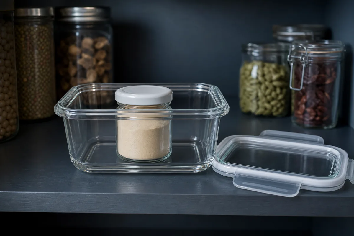 Small sealed asafoetida jar inside a second gasketed container in a dark cabinet - storing hing odor | KnowTheSpices