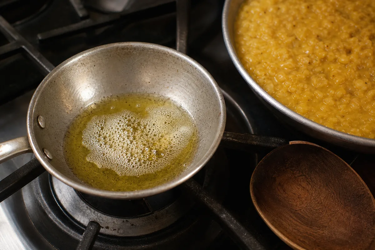 Measured asafoetida foaming in hot ghee with cooked lentils ready beside the pan - blooming hing in fat | KnowTheSpices