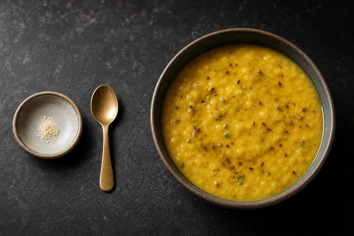 Small dish of raw asafoetida powder beside lentils finished with cooked hing in oil - raw and cooked asafoetida | KnowTheSpices