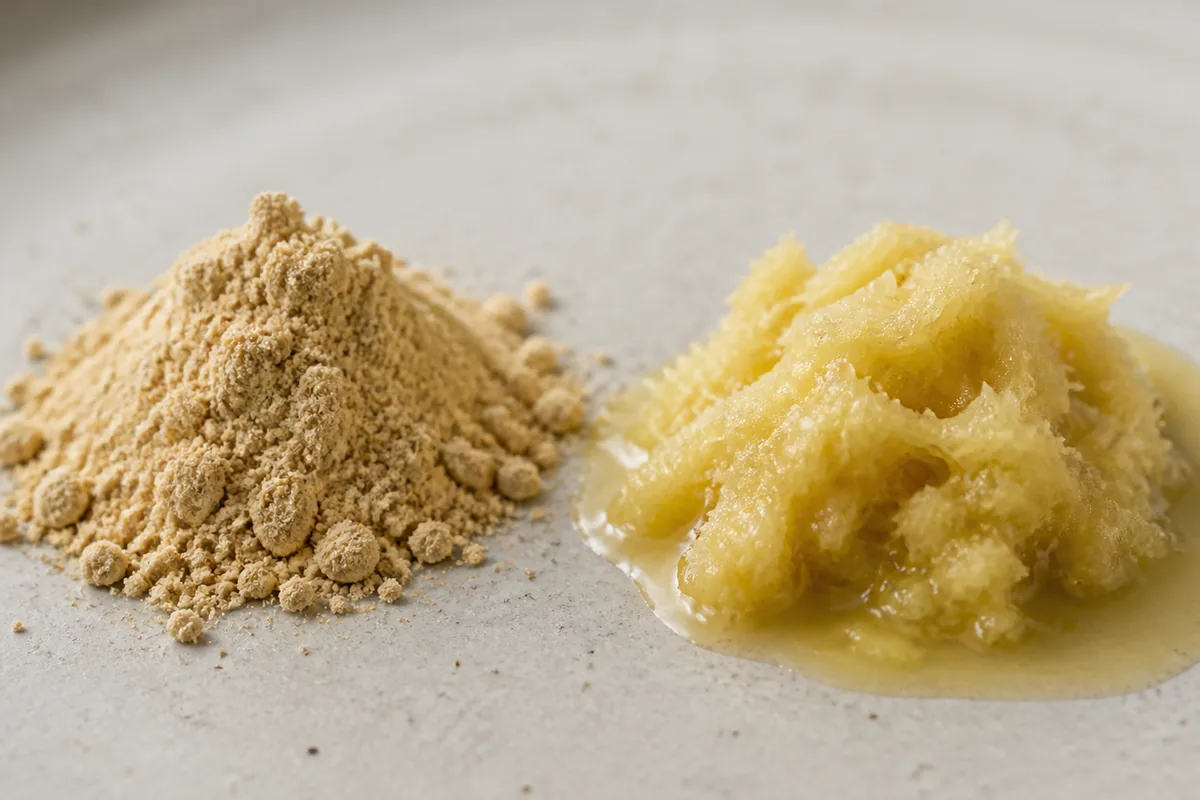 A mound of dry ground ginger beside freshly grated ginger pulp sitting in its own juice - dried versus fresh ginger in baking | KnowTheSpices