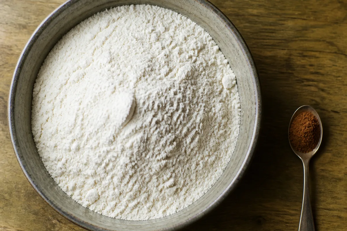 A wide bowl of flour beside one small teaspoon of mixed brown baking spice showing the difference in quantity - baking spice dose | KnowTheSpices