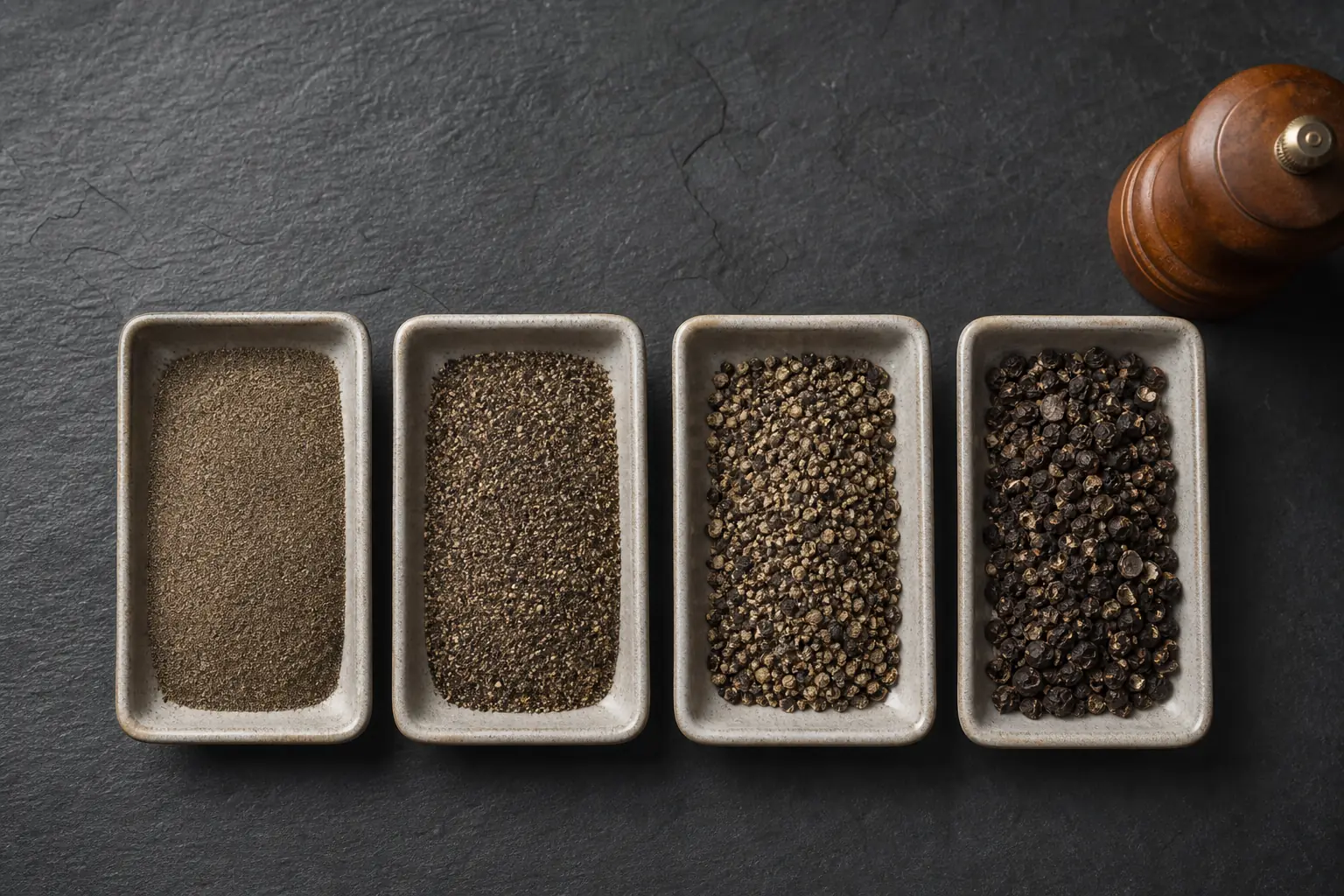 Four black pepper grind sizes from fine powder to cracked peppercorns - black pepper spice | KnowTheSpices