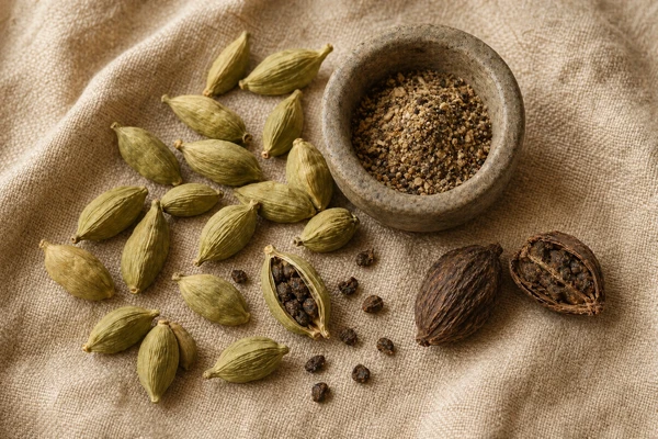 Green cardamom pods, ground cardamom seeds, and black cardamom on warm linen