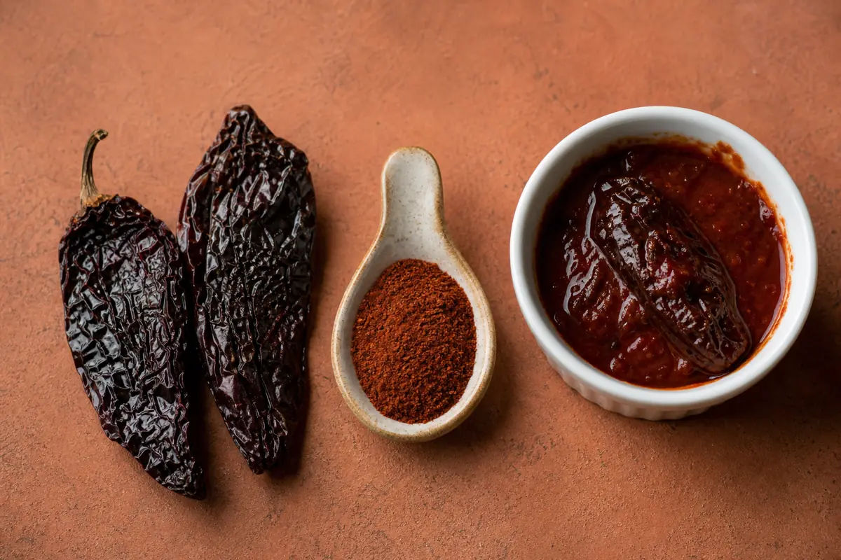 Whole dried chipotle peppers, chipotle powder, and a softened pepper in adobo sauce - chipotle forms | KnowTheSpices