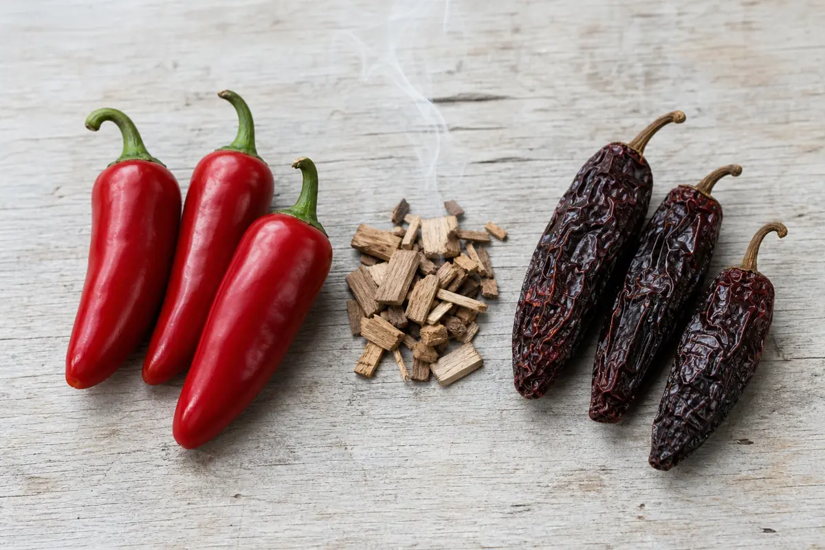 Ripe red jalapeno peppers beside smoking wood chips and dark wrinkled chipotle peppers - what chipotle is | KnowTheSpices