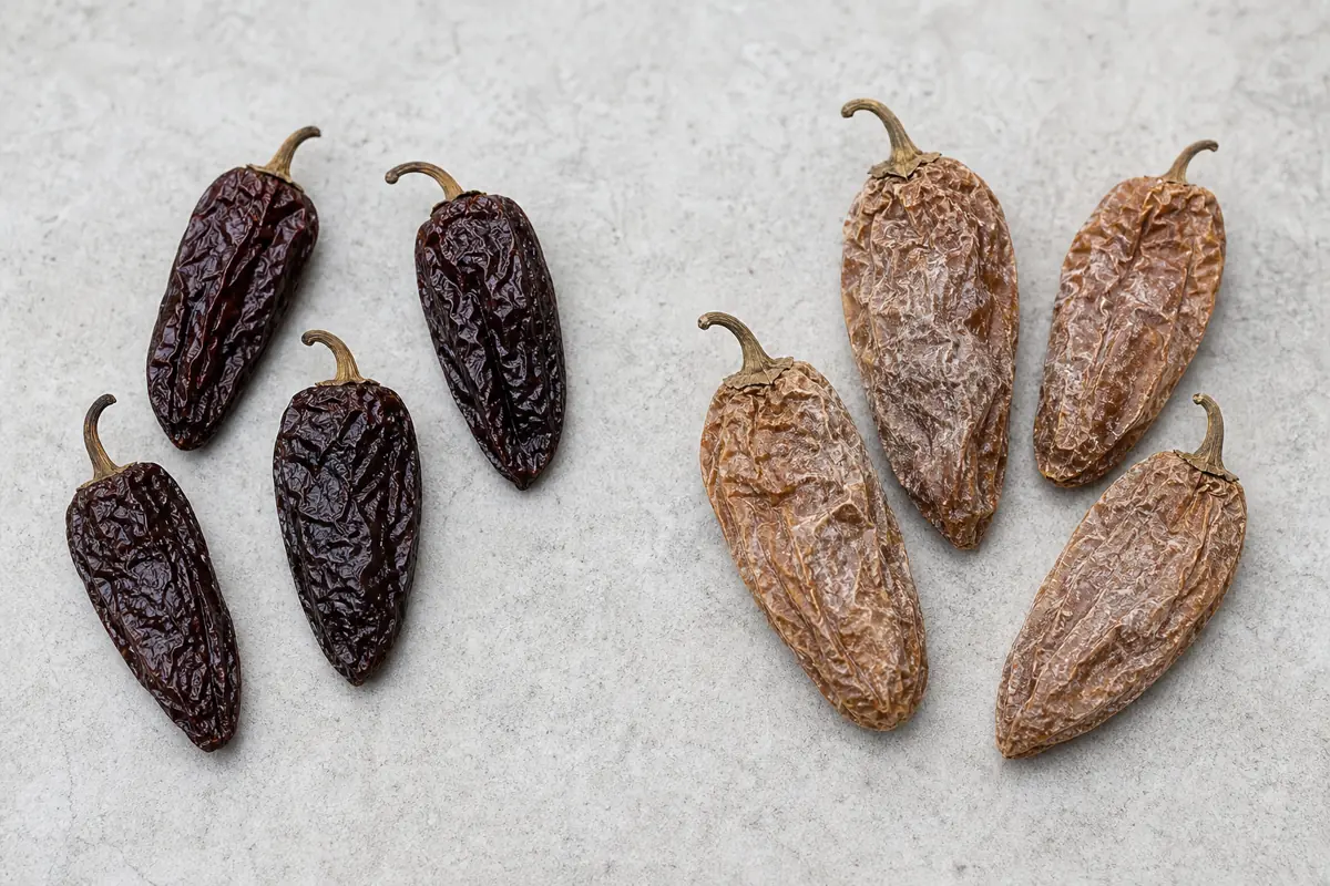 Dark burgundy chipotle morita peppers beside larger tan chipotle meco peppers - morita versus meco chipotle | KnowTheSpices