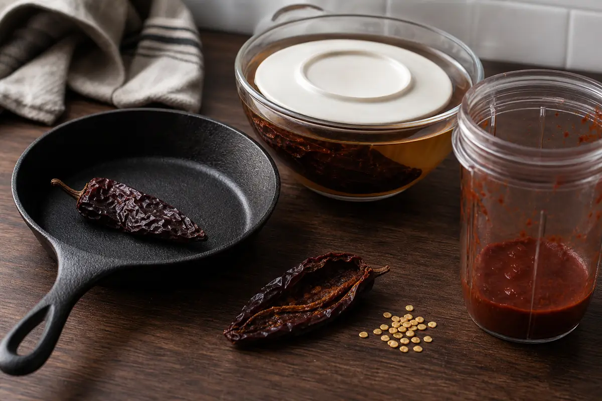 Split seeded chipotle, a dried pepper in a skillet, chiles soaking under hot water, and blended puree - preparing dried chipotle | KnowTheSpices