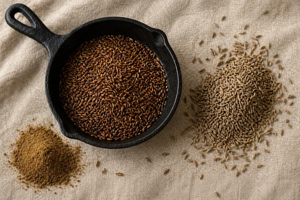 Toasted cumin seeds, raw cumin seeds, and ground cumin on warm linen
