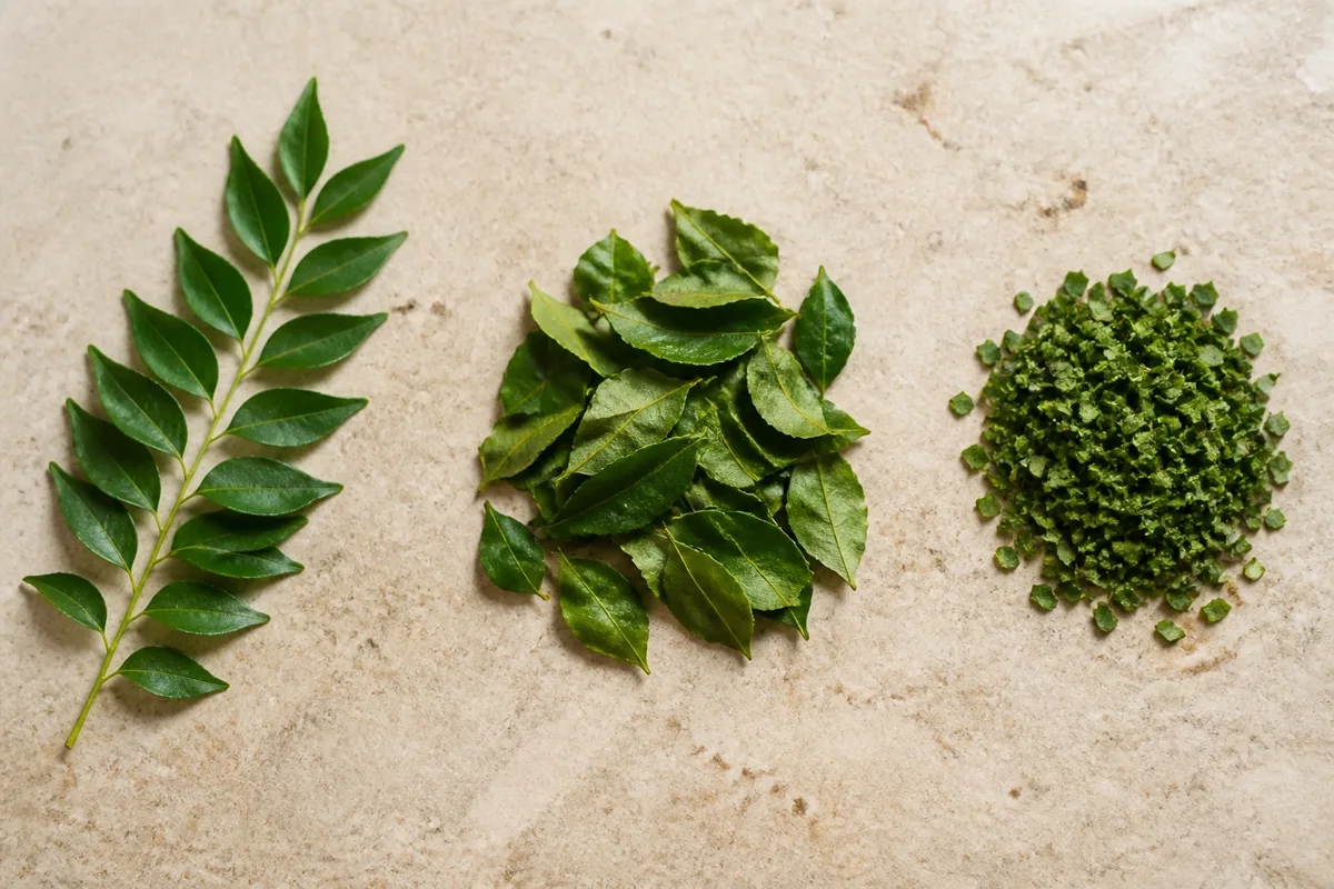 Whole, hand-torn, and finely chopped fresh curry leaves arranged separately - curry leaf cutting choices | KnowTheSpices