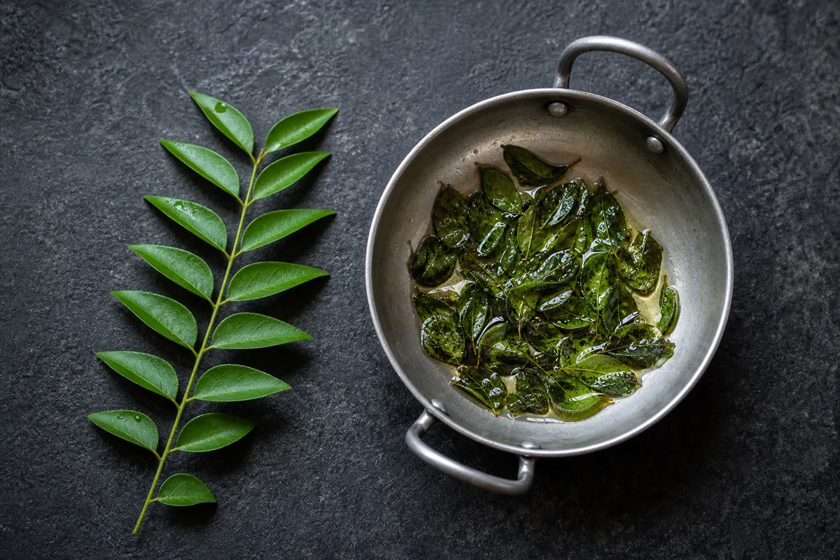 Fresh curry leaves beside crisp leaves just fried in oil - curry leaf flavor change | KnowTheSpices