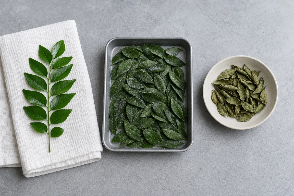 Fresh, frozen, and dried curry leaves arranged separately with visible color and texture differences - curry leaf forms | KnowTheSpices