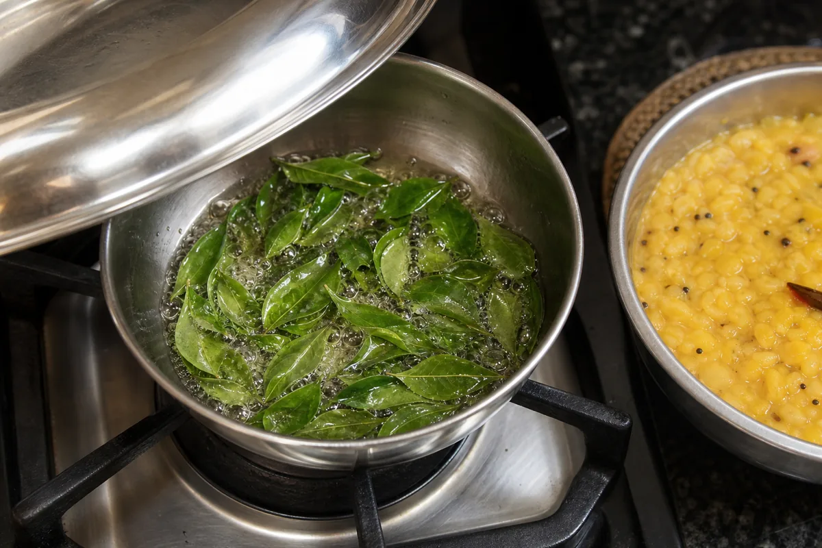 Dry curry leaves crackling in hot oil under a partly held lid - frying curry leaves safely | KnowTheSpices