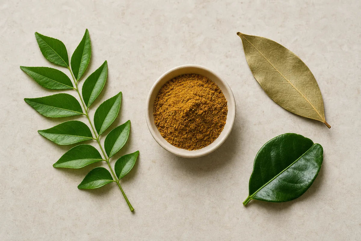 Fresh curry leaves beside curry powder and a bay leaf on separate dishes - curry leaves versus curry powder | KnowTheSpices