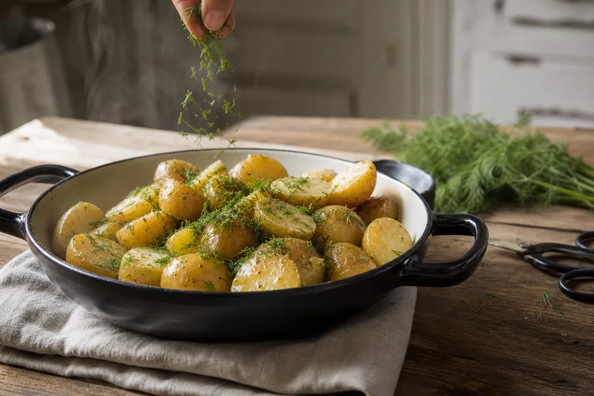 Fresh dill falling over buttered new potatoes after cooking - dill herb | KnowTheSpices