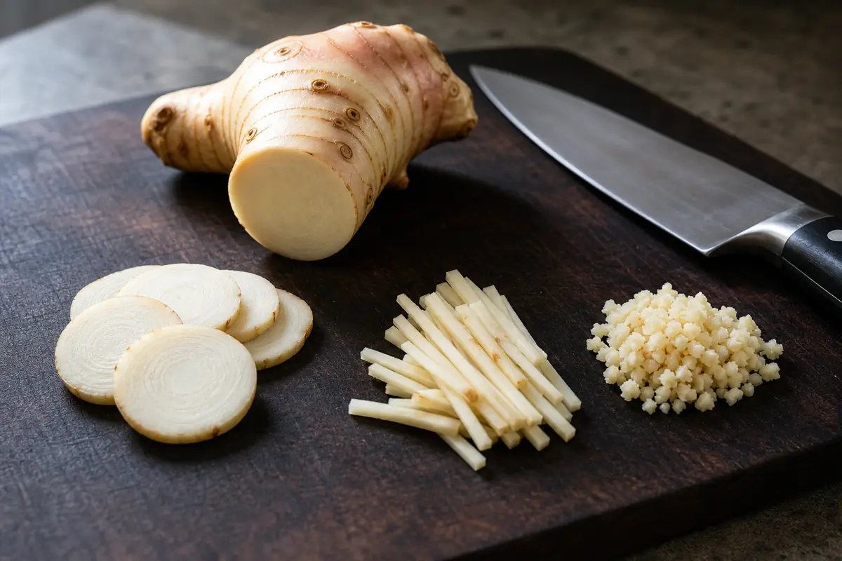 Galangal secured on a flat cut side beside a chef knife, cross-grain coins, matchsticks, and fine mince - cutting galangal | KnowTheSpices