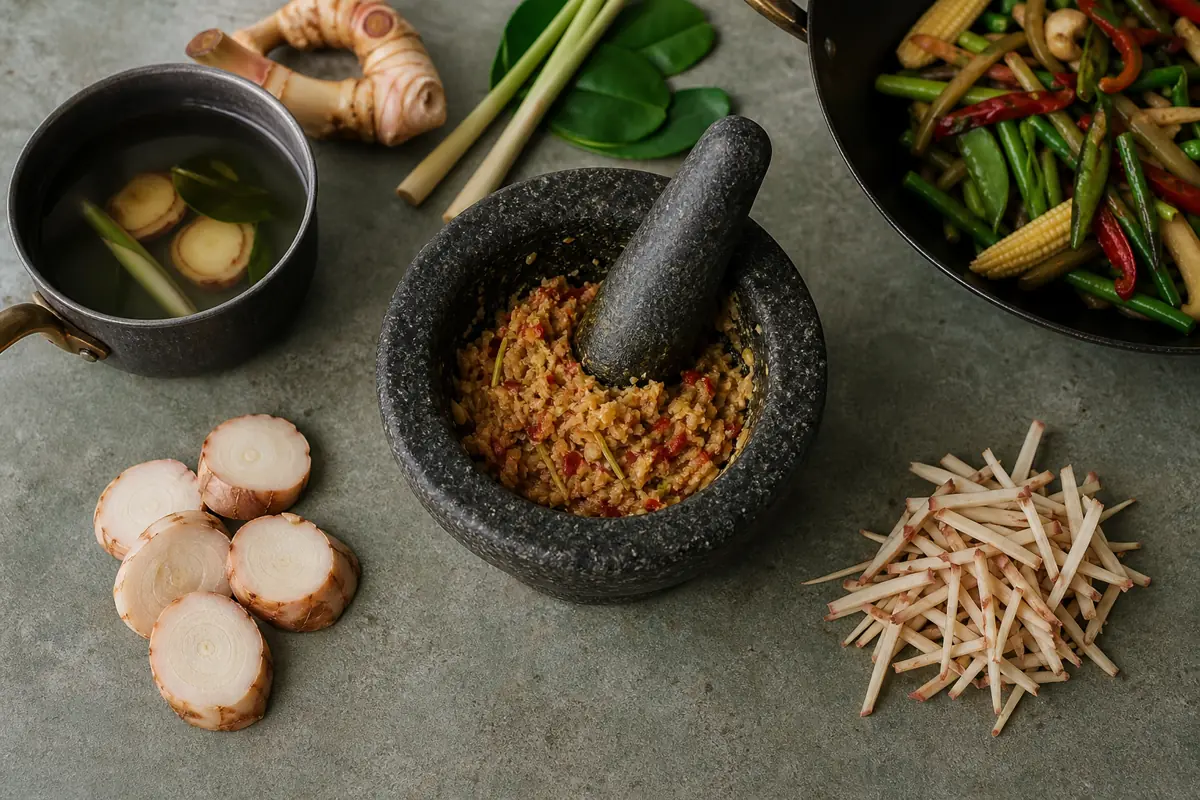 Galangal coins beside broth, minced galangal in a mortar, and thin matchsticks beside a vegetable wok - ways to use galangal | KnowTheSpices