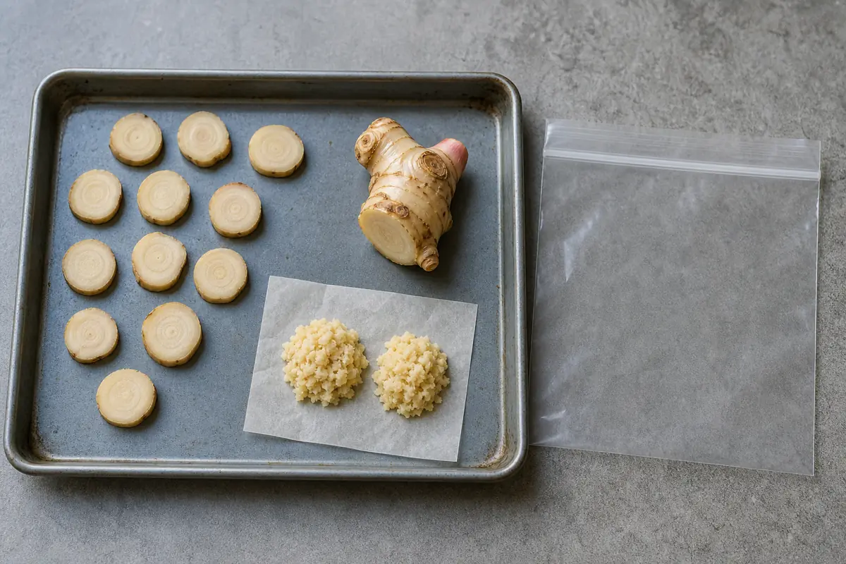 Galangal coins and minced portions spaced on a metal tray beside an open freezer bag - freezing galangal | KnowTheSpices