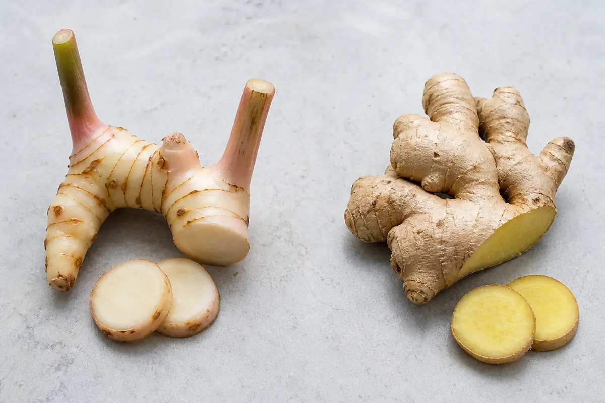 Pale ringed galangal rhizome and white coins beside tan knobby ginger and yellow coins - galangal versus ginger | KnowTheSpices