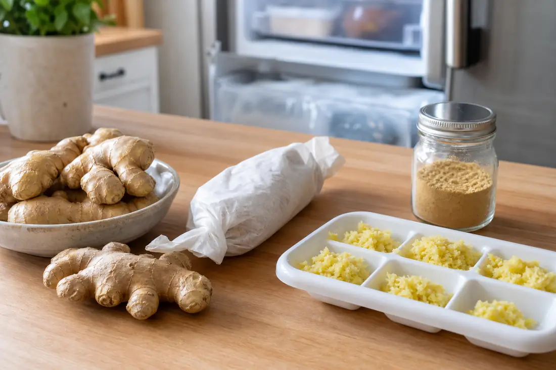 Fresh ginger roots, wrapped ginger for storage, grated ginger portions for freezing, and a jar of ground ginger
