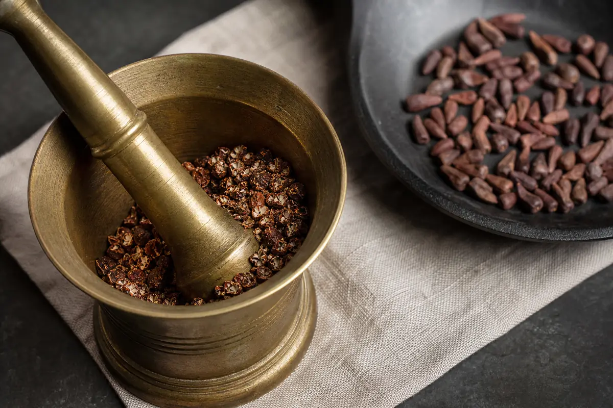 Grains of paradise being coarsely cracked in a mortar beside whole seeds and a light-toast pan - grinding grains of paradise | KnowTheSpices