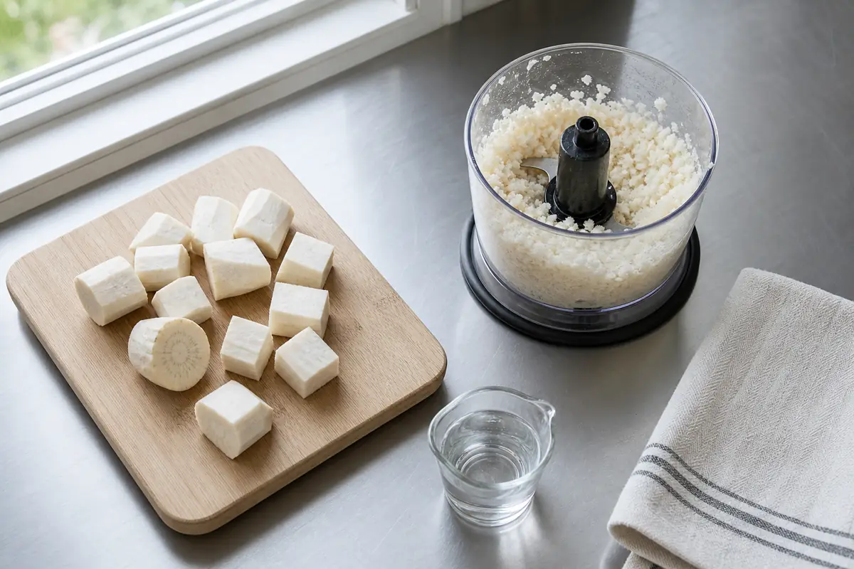 Peeled horseradish cubes, finely processed root, cold water, and an open window - preparing fresh horseradish | KnowTheSpices