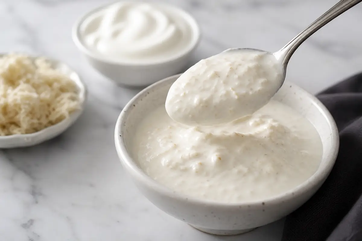 Creamy horseradish sauce coating a spoon beside sour cream and finely grated root - horseradish sauce texture | KnowTheSpices