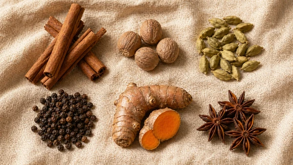 Whole spices arranged on warm linen with turmeric root, cinnamon, cardamom, peppercorns, nutmeg, and star anise