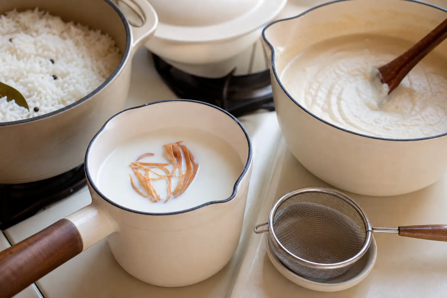 Whole mace blade infusing in warm milk beside a pale white sauce and a basmati rice pot