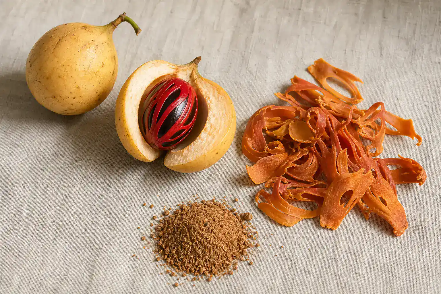 Split nutmeg fruit showing red mace aril around a brown nutmeg seed beside dried orange mace blades