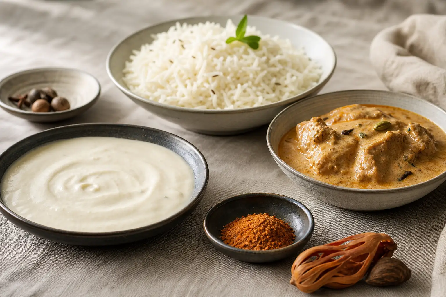 Pale bechamel sauce, basmati rice, and creamy korma seasoned with whole and ground mace