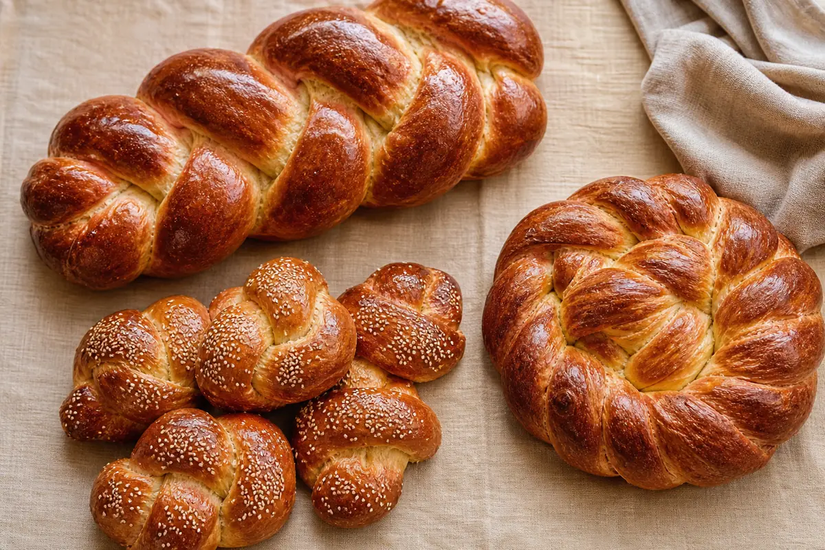 Braided tsoureki, Armenian choreg rolls, and Turkish Easter bread arranged separately - breads with mahlab | KnowTheSpices
