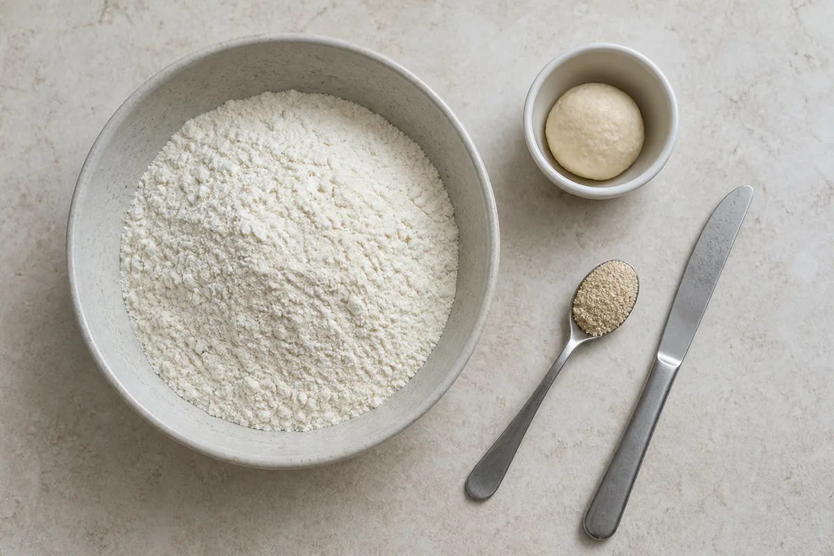 Level teaspoon of ground mahlab beside a measured bowl of flour and a small test dough - mahlab baking amount | KnowTheSpices