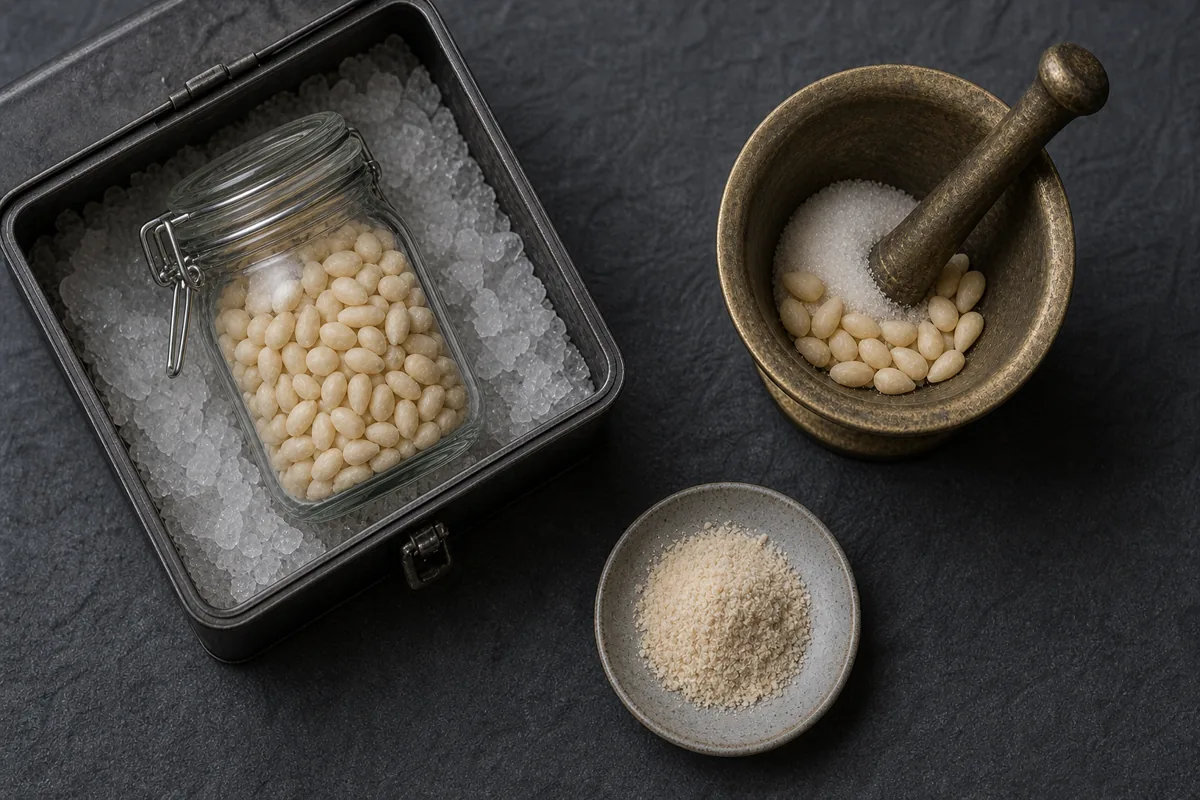 Whole mahlab kernels ground with sugar beside a fine powder and sealed cold-storage reserve - grinding mahlab | KnowTheSpices