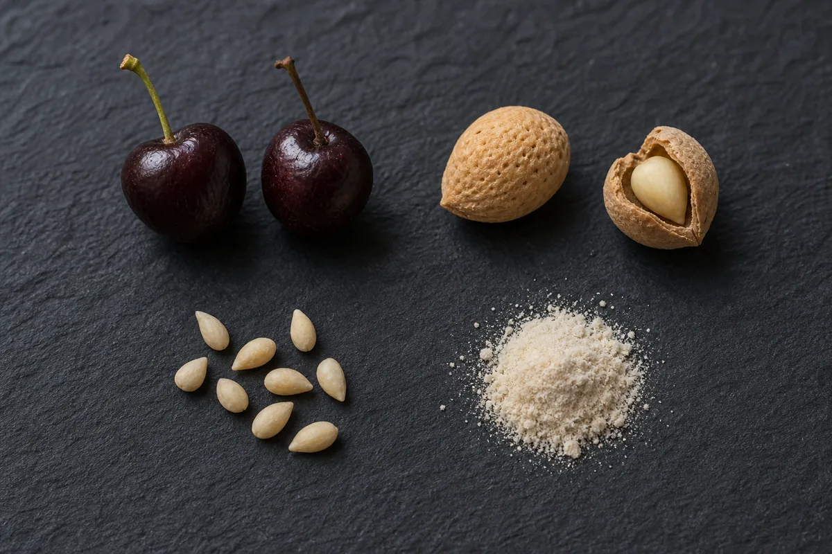 St Lucie cherry fruit, cracked stone, pale kernel, whole mahlab, and ground spice - what mahlab is | KnowTheSpices