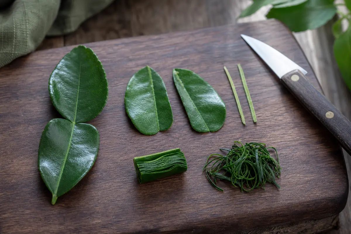 Makrut lime double leaf, deveined halves, removed center veins, a rolled stack, and hair-thin shreds - slicing makrut lime leaves | KnowTheSpices