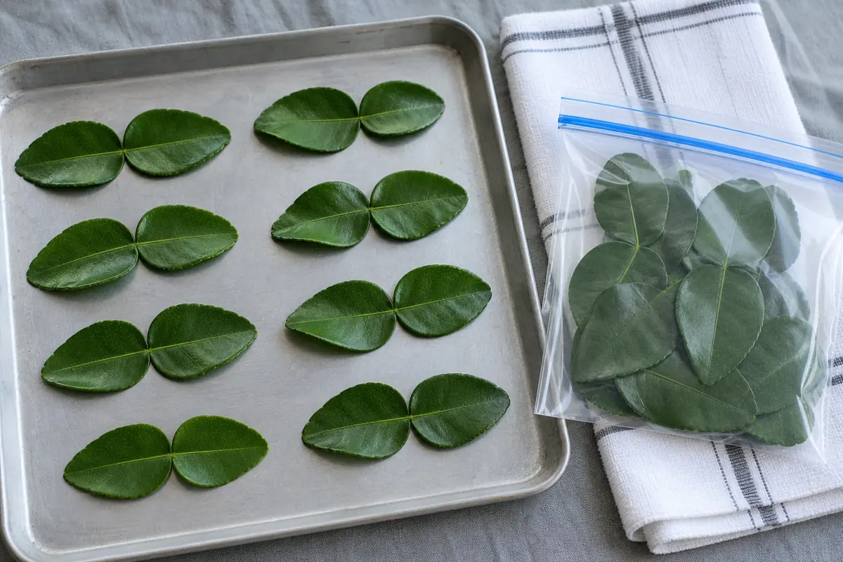 Dry double makrut lime leaves arranged flat on a tray beside a towel and clear freezer bag - freezing makrut lime leaves | KnowTheSpices